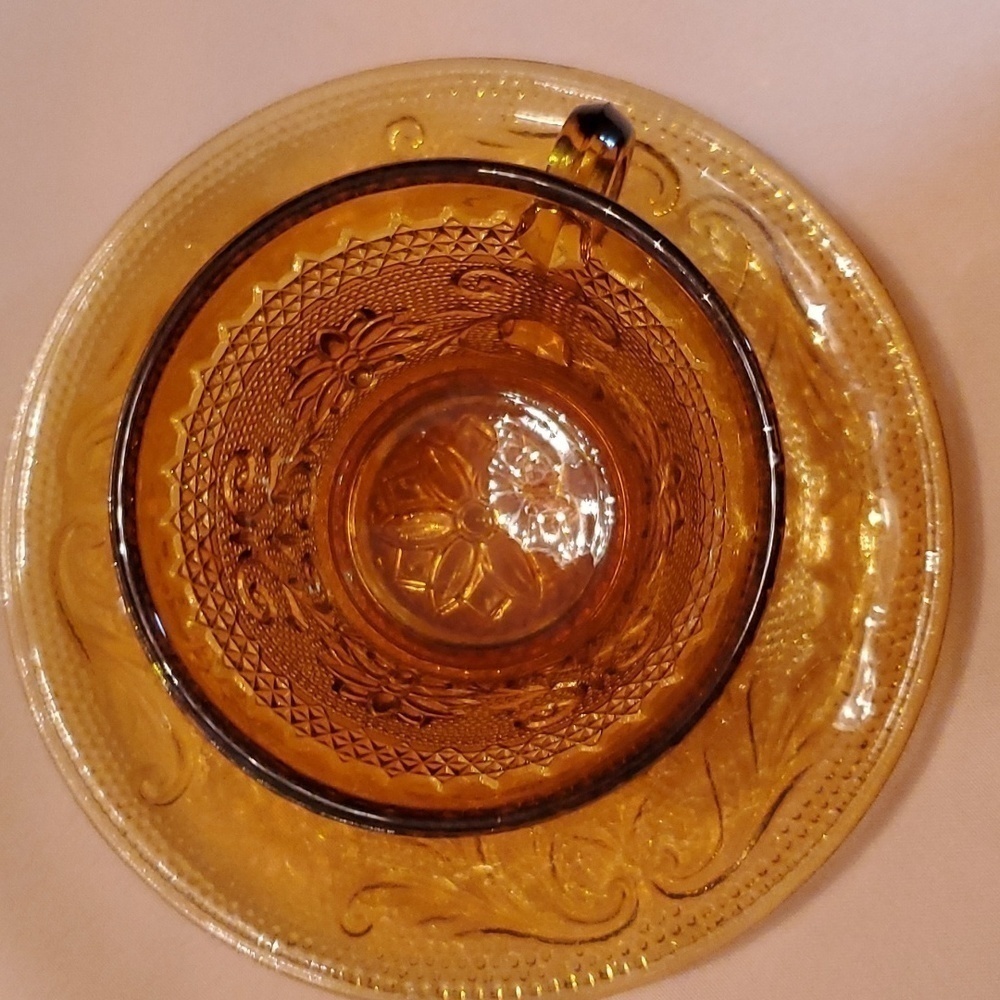 Vintage Tiara Crystal Cup & Saucer Set of 4 Sandwich Pattern Amber Indiana Glass - Picture 6 of 13